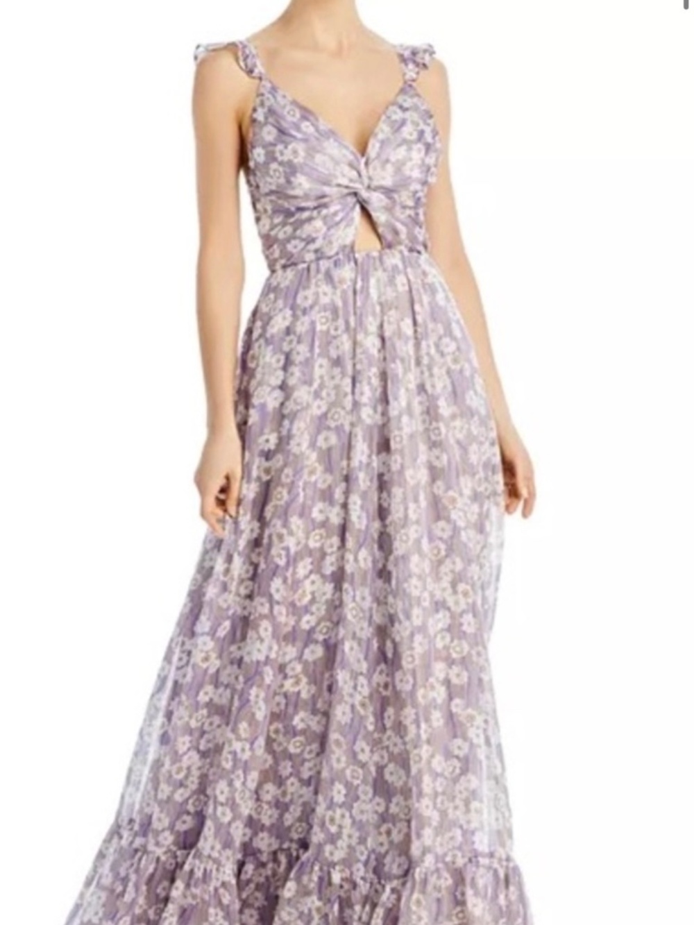Sabina Musayev Floral Ruffle Maxi Dress XL Lavender Purple Metallic